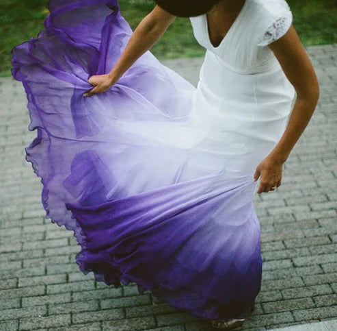 Vestido de fiesta degradado con escote en V, línea A, sin espalda y mangas cortas
